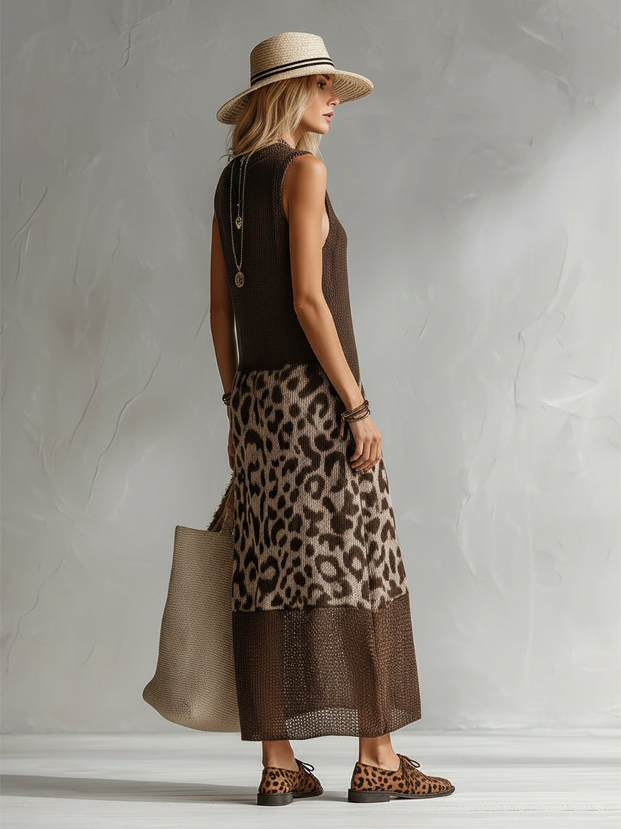 Elegant Brown Leopard Print Mesh Breathable Knit Sleeveless Maxi Dress