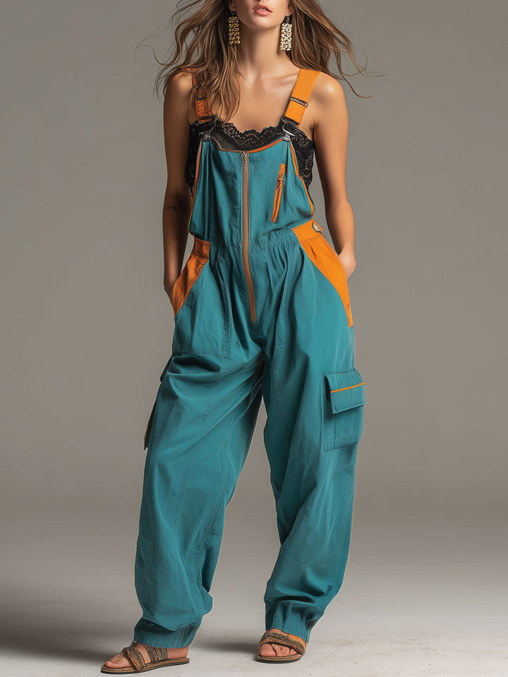 Casual Retro Orange And Lake Blue Cotton Overalls