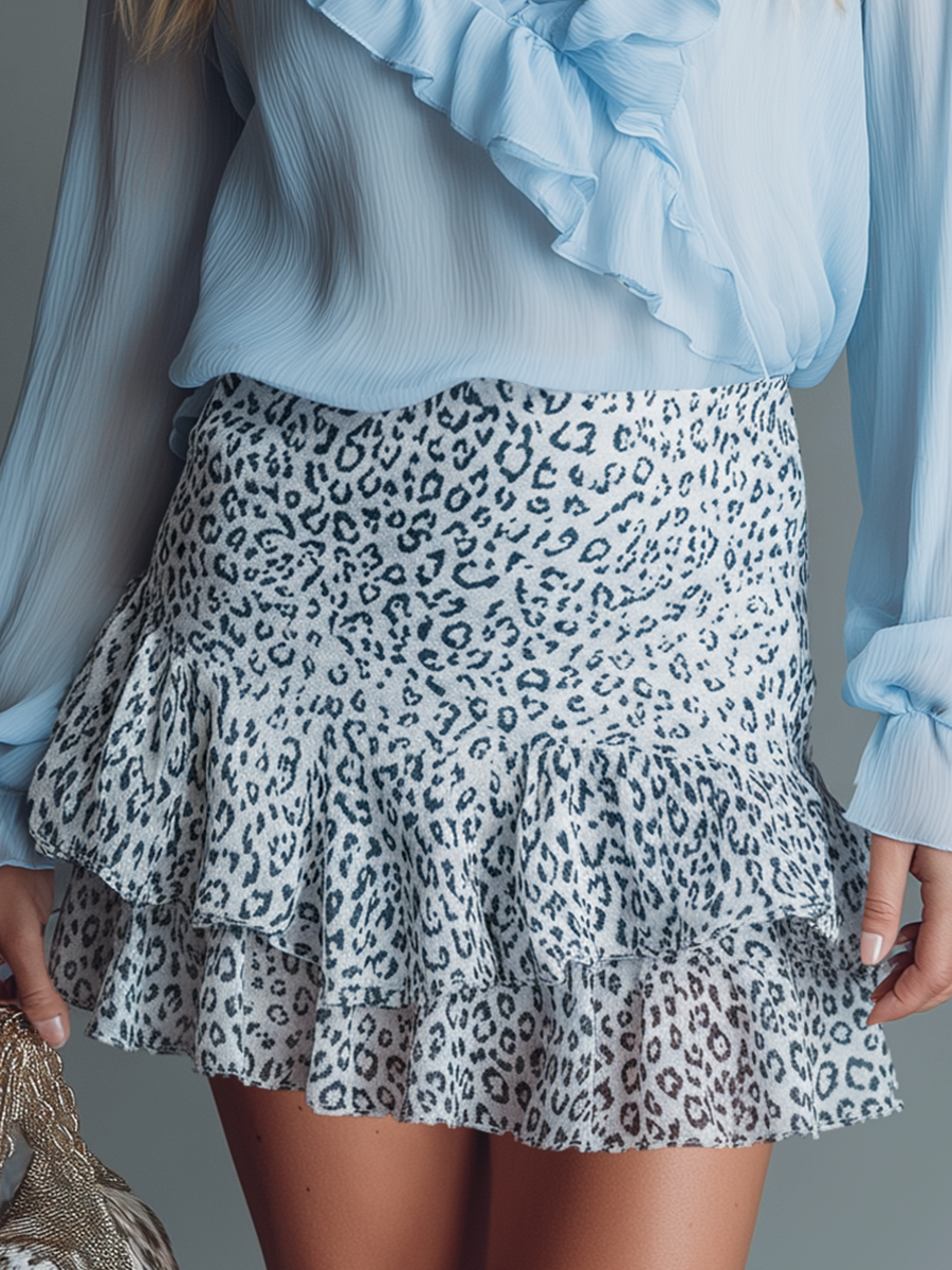 Elegant And Stylish Long-sleeve Ruffle Top And Leopard Print Skirt Chiffon Set