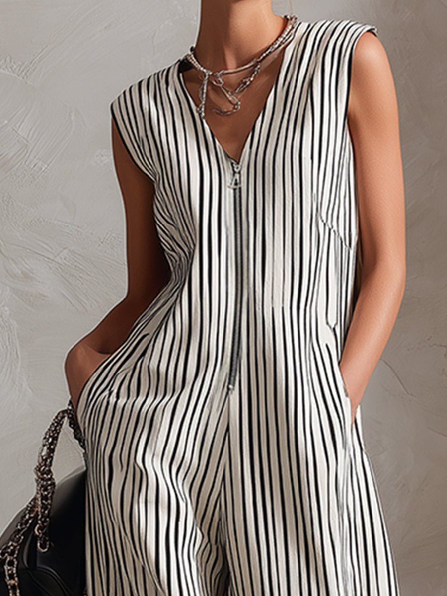 Classic Urban Silhouette Striped V-neck Sleeveless Wide-leg Jumpsuit