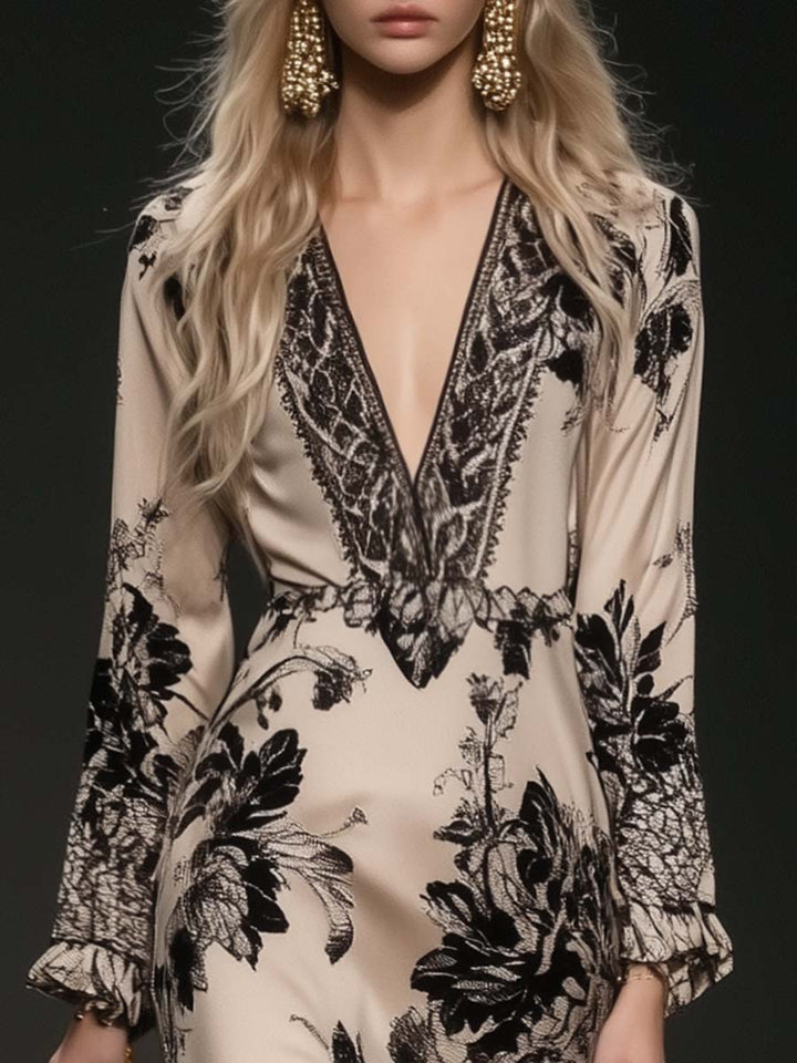 Elegant Bohemian Style V-neck Tassel Floral Print Beige Satin Maxi Dress