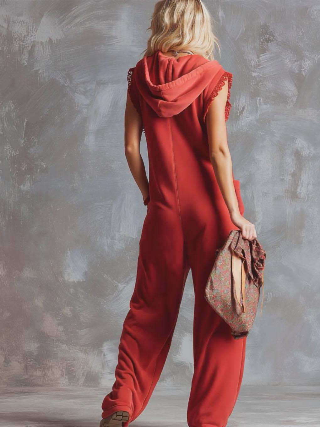 Retro Fashiona Sporty Hooded V-neck Front Zipper Cotton Jumpsuit