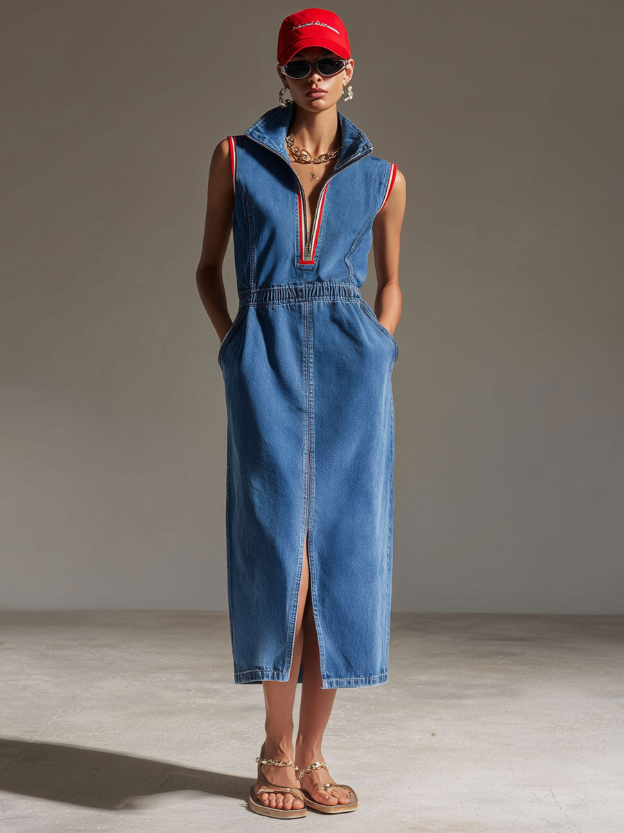 Casual Retro Blue Denim Sleeveless Half-zip Slit Midi Dress