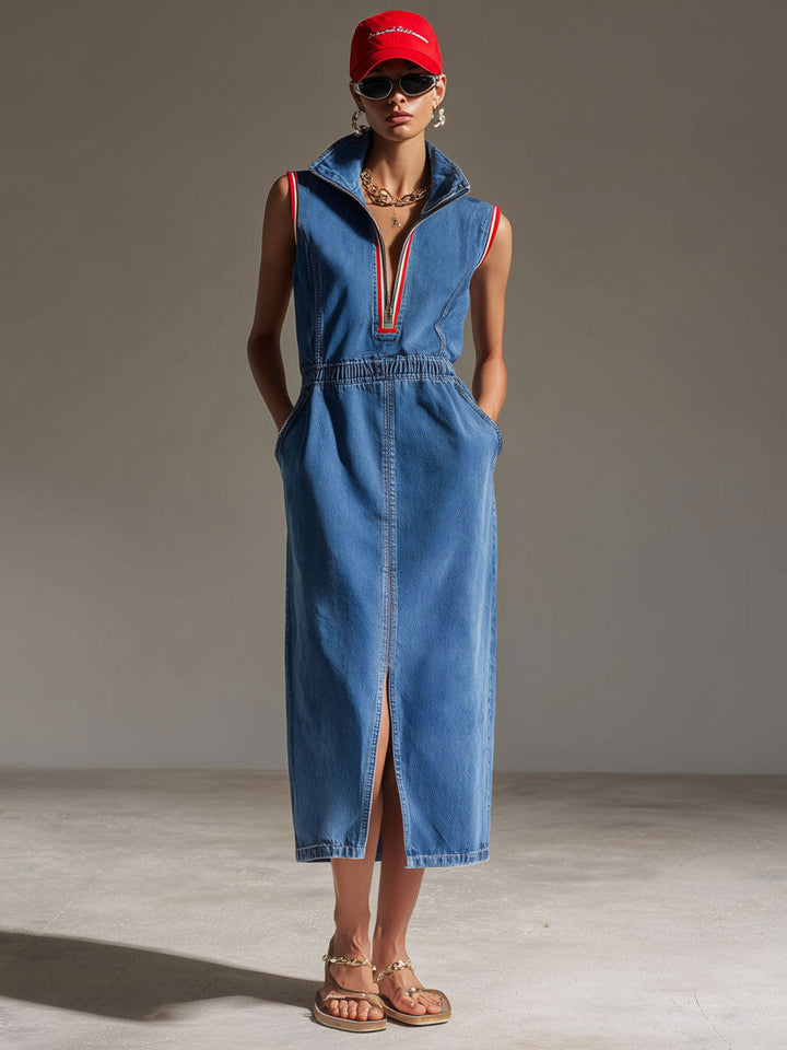 Casual Retro Blue Denim Sleeveless Half-zip Slit Midi Dress