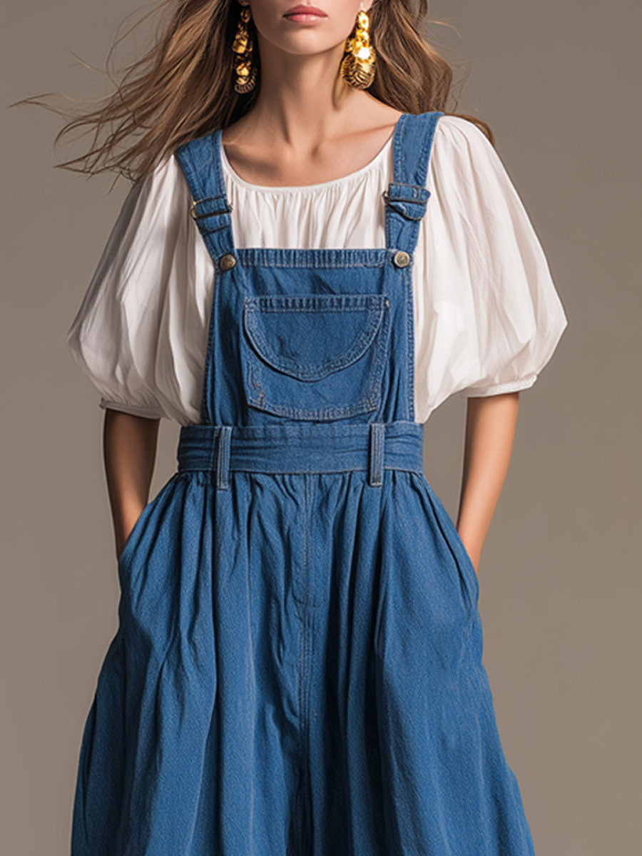 Casual Retro Blue Denim Wide-leg Overalls