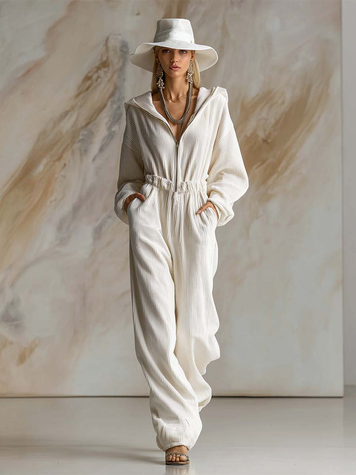 Casual Loose Fashionable White Corduroy Hooded Front Zipper Long Sleeve Jumpsuit
