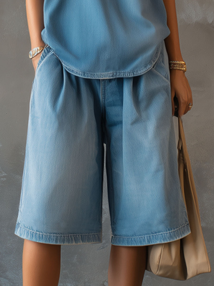 Western-style Retro V-neck Sleeveless Top And Denim Shorts Set