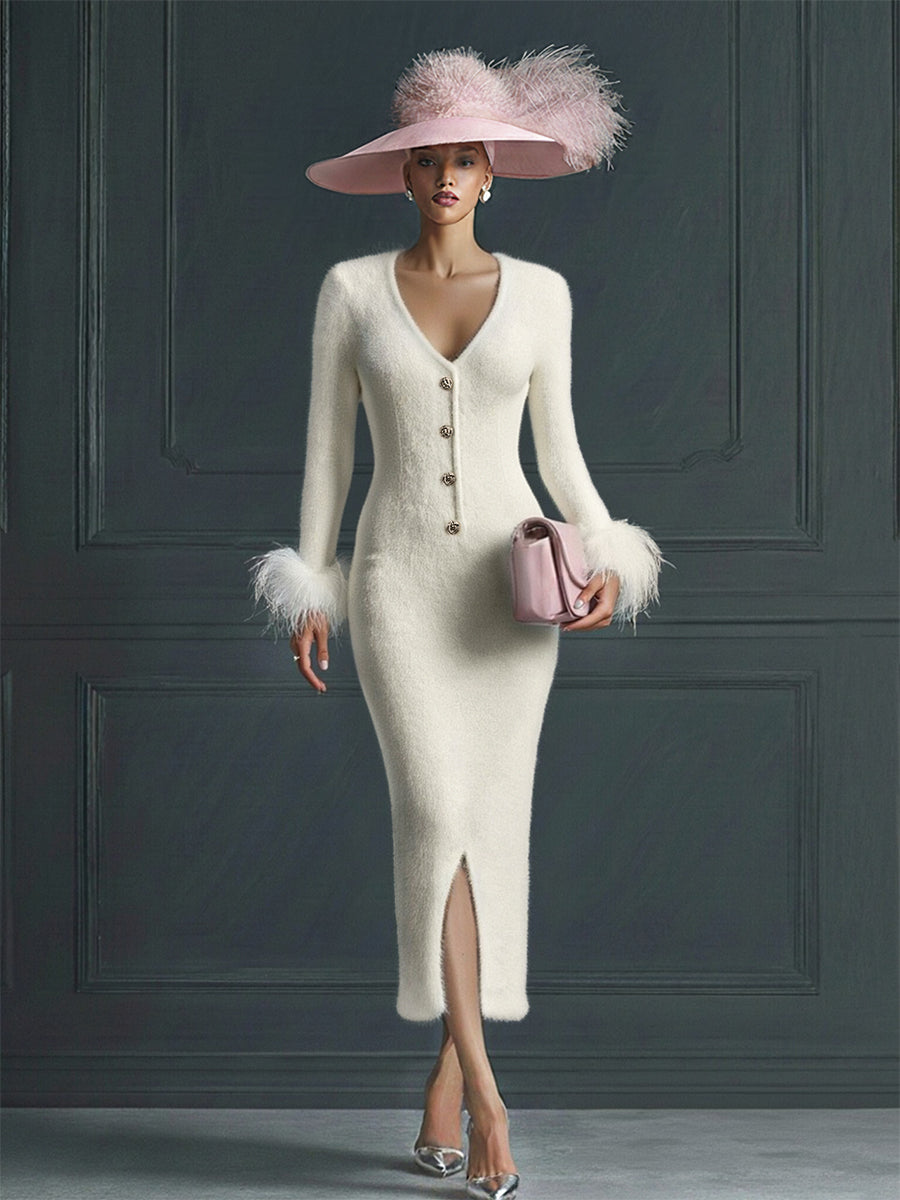 White Mohair V-neck Button Imitation Ostrich Feather Midi Dress