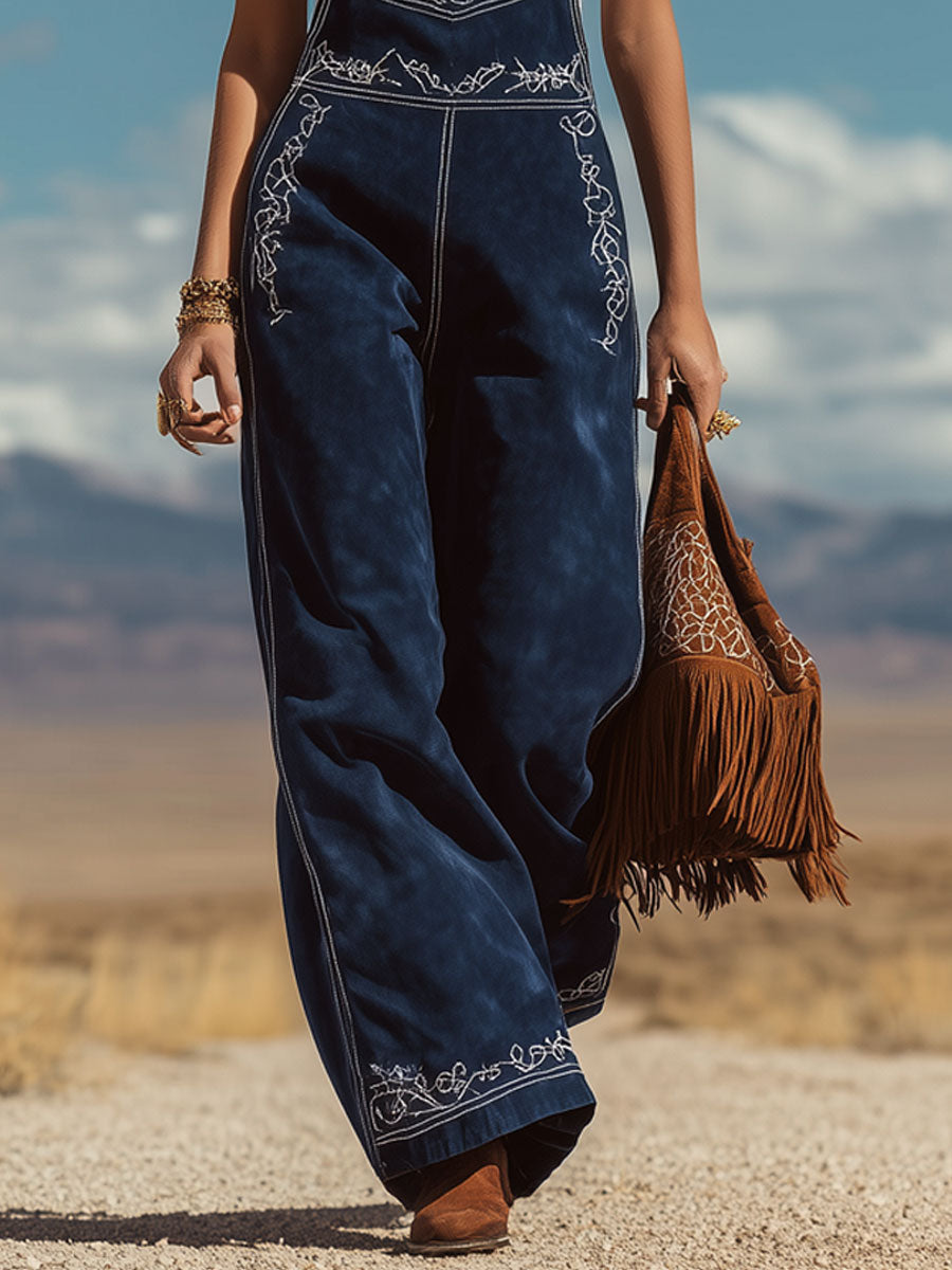 Western Retro Navy Blue Faux Suede Embroidered Overalls