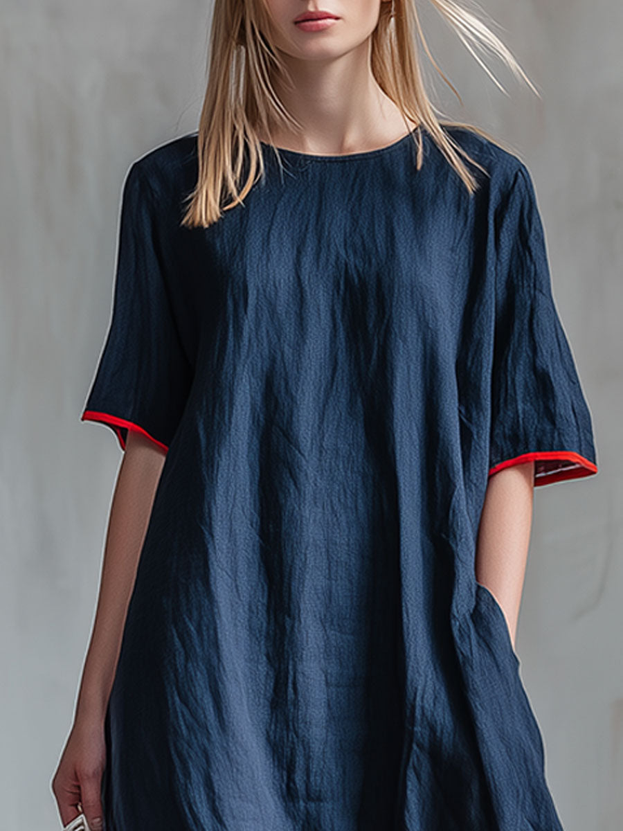 Casual Red And White Striped Patchwork Blue Cotton And Linen Maxi Dress