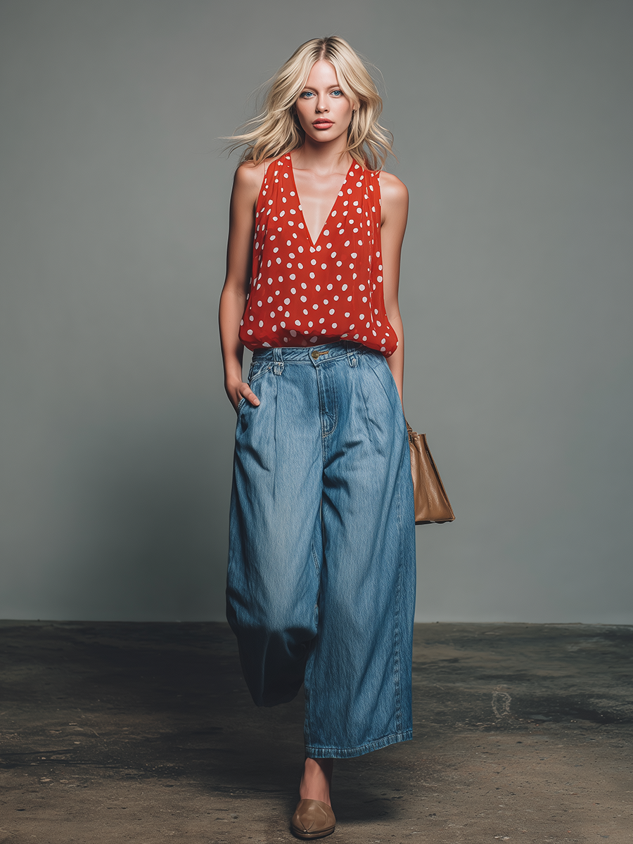 Retro-style Polka Dot V-neck Chiffon Sleeveless Top And Denim Capri Pants Set