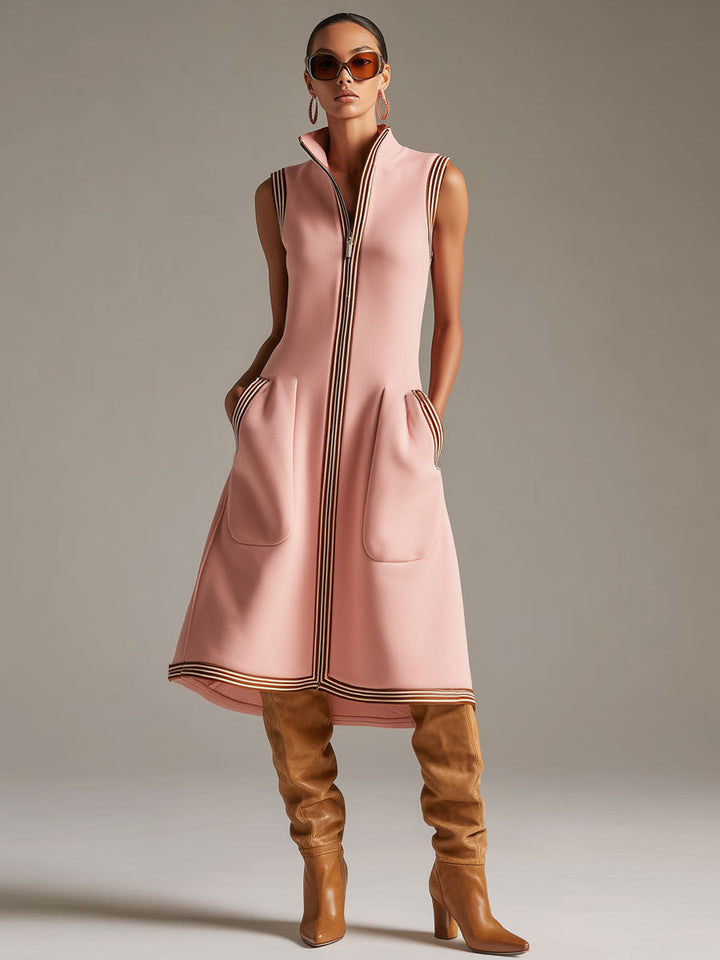 Sporty Retro Striped Ribbed Pink Cotton Blend Sleeveless Midi Dress