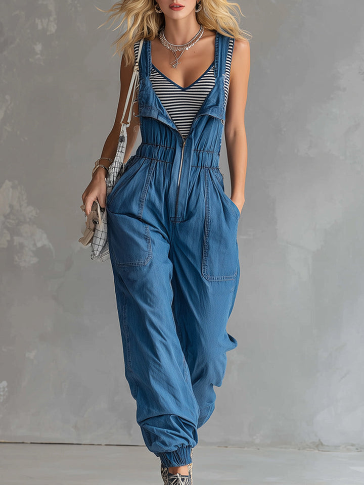 Stylish And Casual Blue Denim Zip-up Overalls