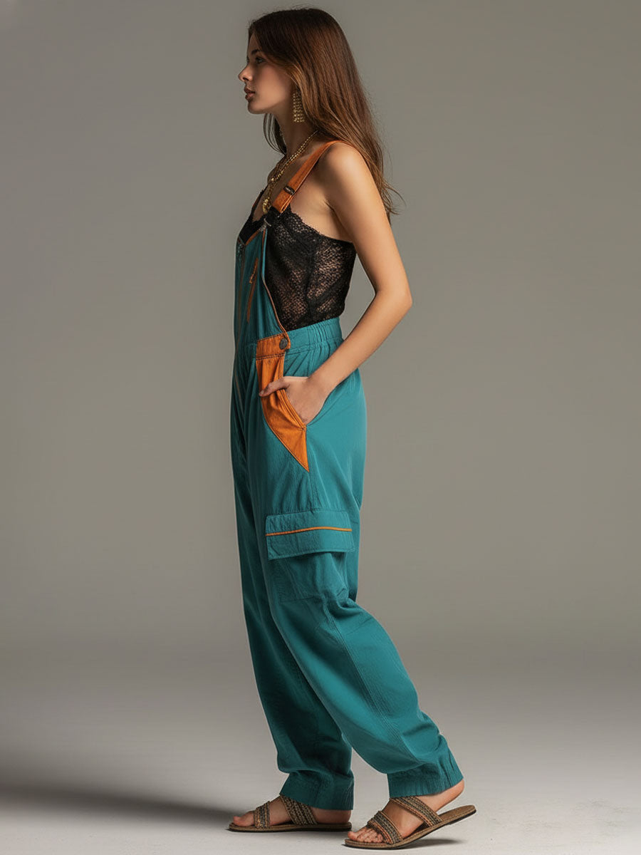 Casual Retro Orange And Lake Blue Cotton Overalls