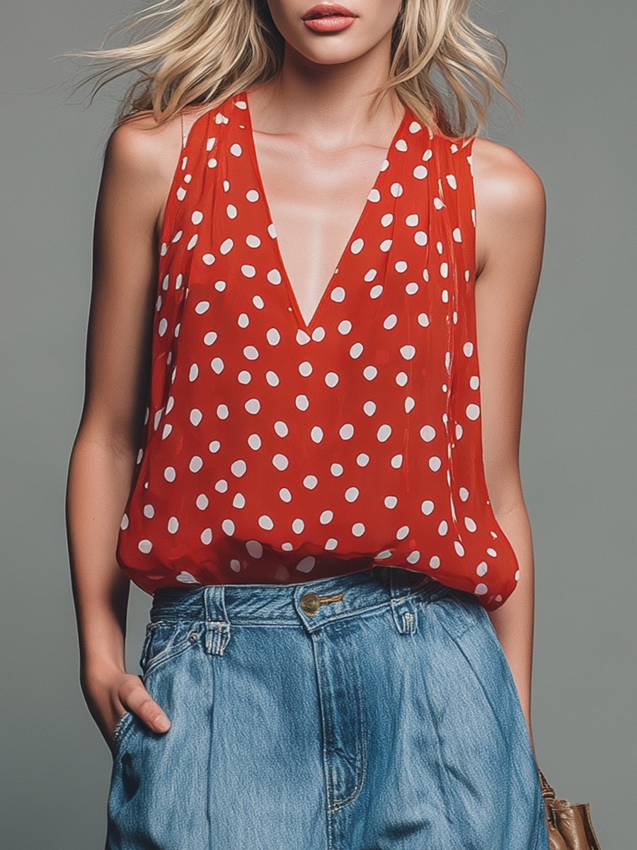 Retro-style Polka Dot V-neck Chiffon Sleeveless Top And Denim Capri Pants Set