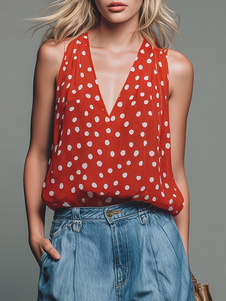 Retro-style Polka Dot V-neck Chiffon Sleeveless Top And Denim Capri Pants Set