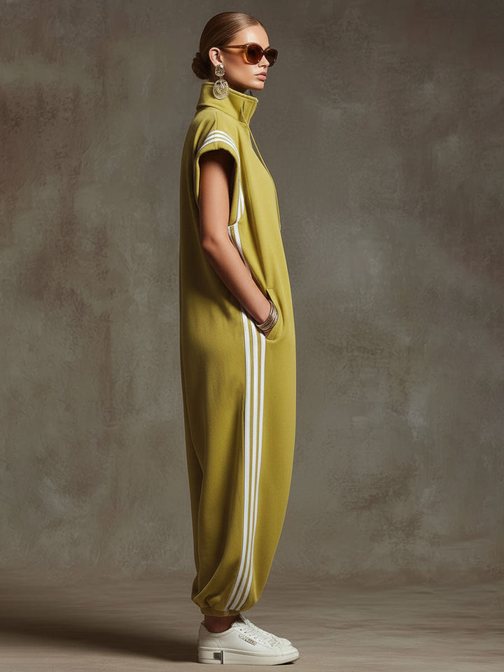 Casual Sports White Webbing Yellow-green Sleeveless Jumpsuit