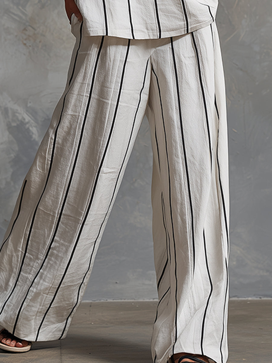 Classic Striped White Cotton Sleeveless Top And Wide-leg Pants Set