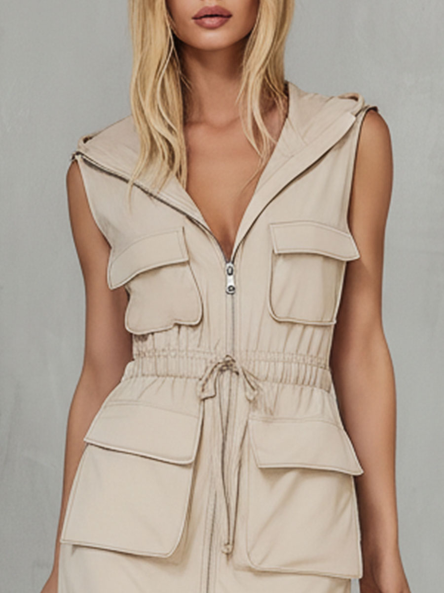 Stylish And Casual Beige Hooded Sleeveless Zip-up Midi Dress