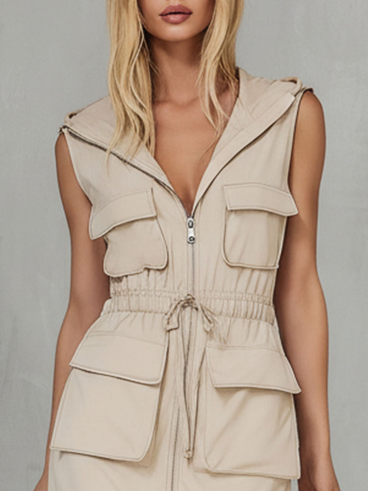 Stylish And Casual Beige Hooded Sleeveless Zip-up Midi Dress