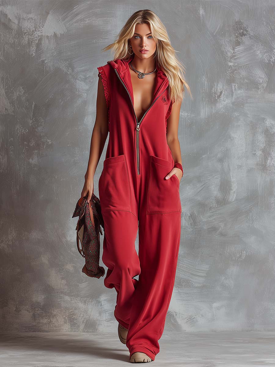 Retro Fashiona Sporty Hooded V-neck Front Zipper Cotton Jumpsuit