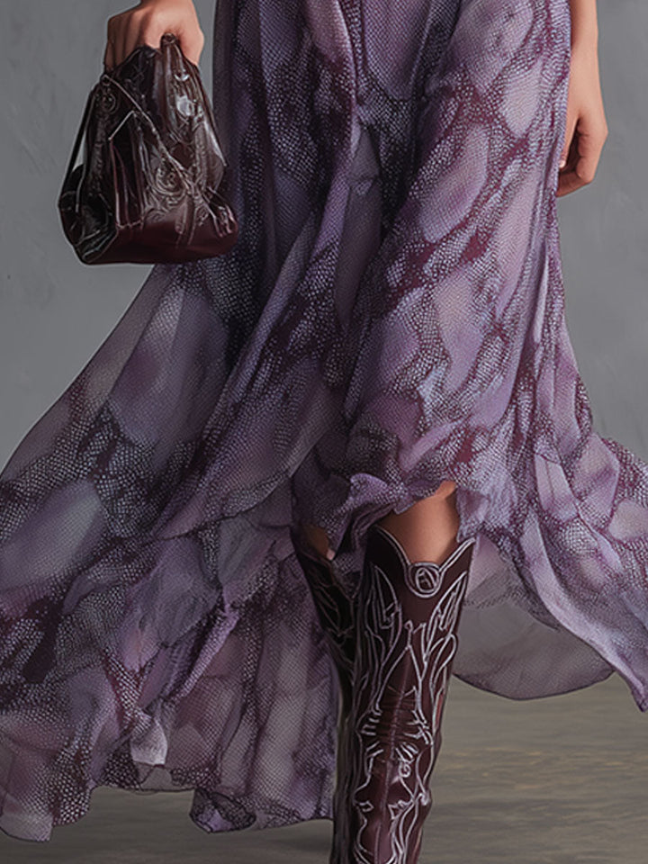 Retro-elegant Purple Snakeskin Sleeveless Ruffled V-neck Chiffon Midi Dress