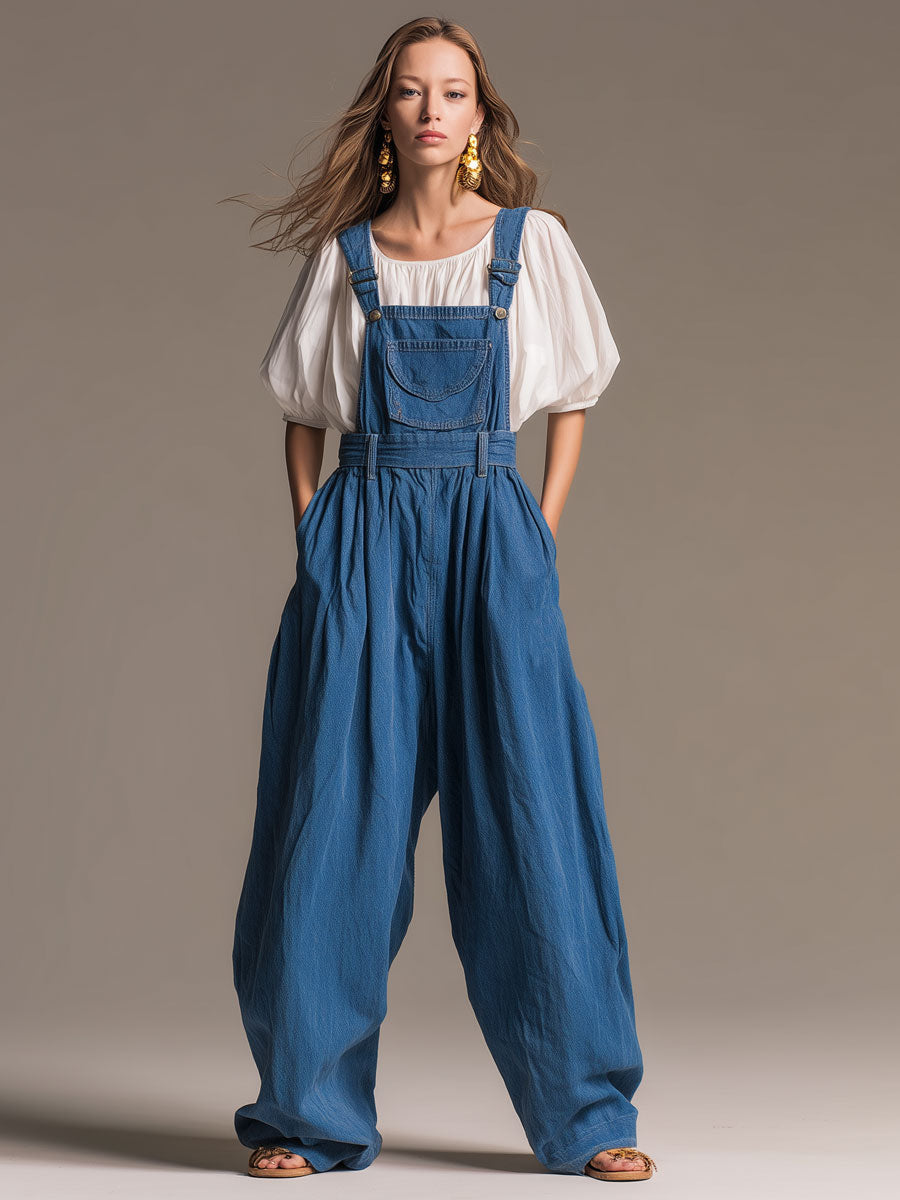 Casual Retro Blue Denim Wide-leg Overalls