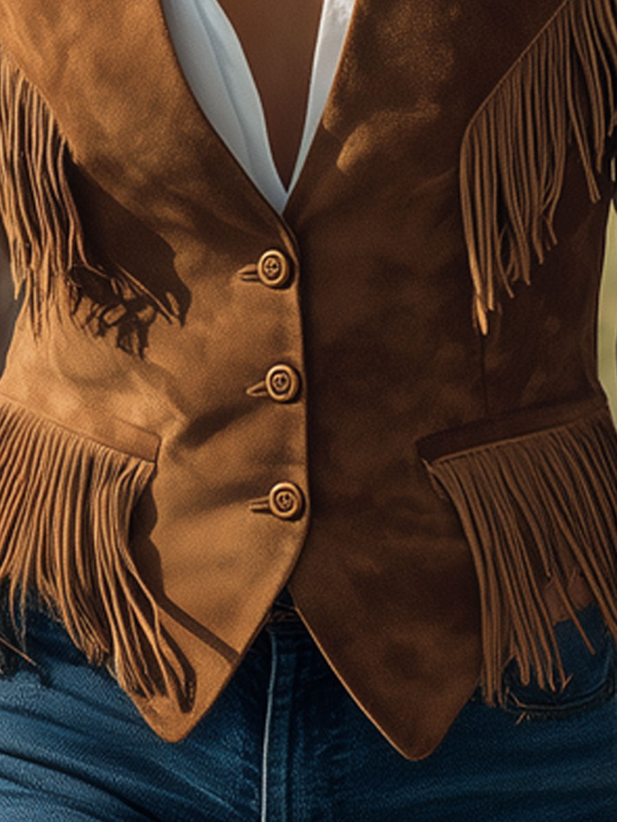 Western Retro Tassel Light Brown Faux Suede Vest