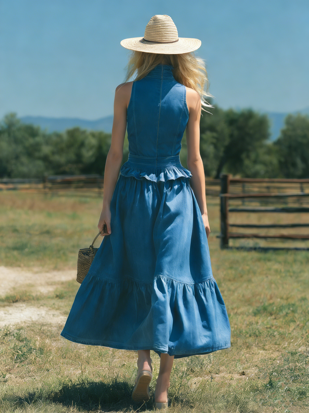 Retro Elegant Sleeveless High-neck Ruffled A-line Denim Maxi Dress