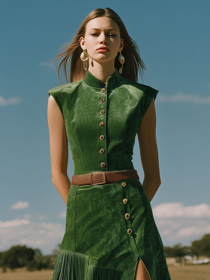 Western Retro Green Tassel Faux Suede Slit Sleeveless Midi Dress