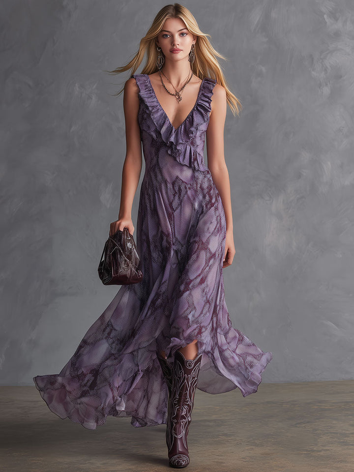 Retro-elegant Purple Snakeskin Sleeveless Ruffled V-neck Chiffon Midi Dress