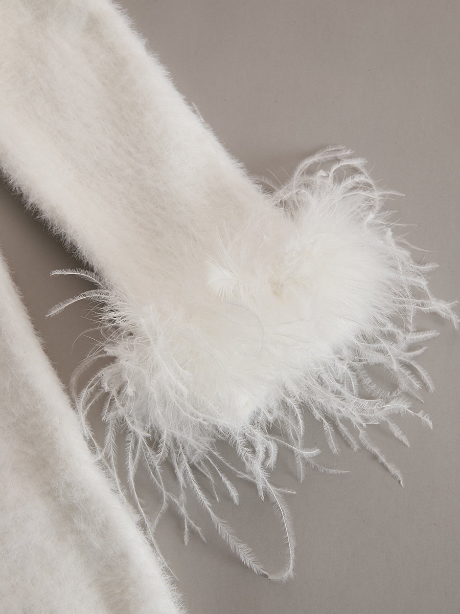 White Mohair V-neck Button Imitation Ostrich Feather Midi Dress