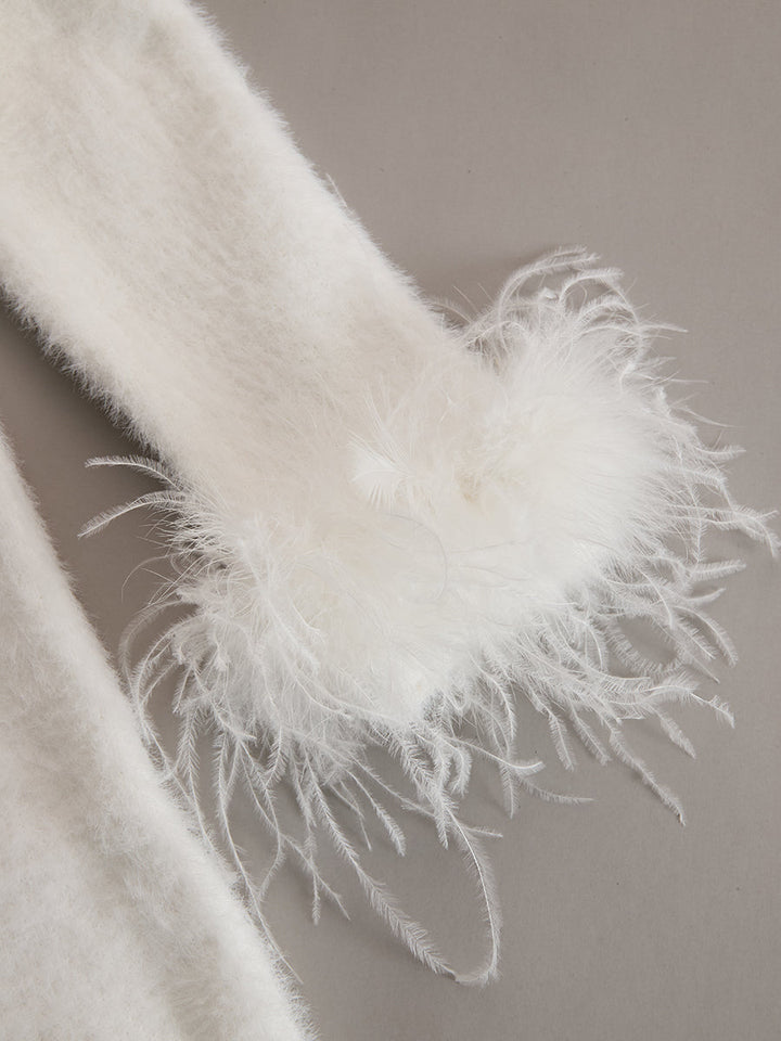 White Mohair V-neck Button Imitation Ostrich Feather Midi Dress