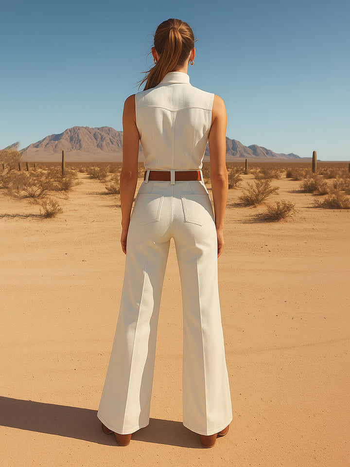 【24-hour shipping out】Retro Western Style Embroidered Stand Collar Sleeveless Wide Leg Jumpsuit