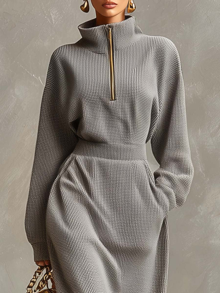 Exquisite Casual Lapel Front Zipper Long Sleeve Light Gray Waffle Fabric Maxi Dress