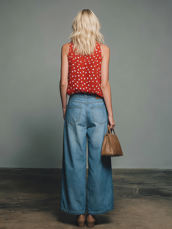 Retro-style Polka Dot V-neck Chiffon Sleeveless Top And Denim Capri Pants Set