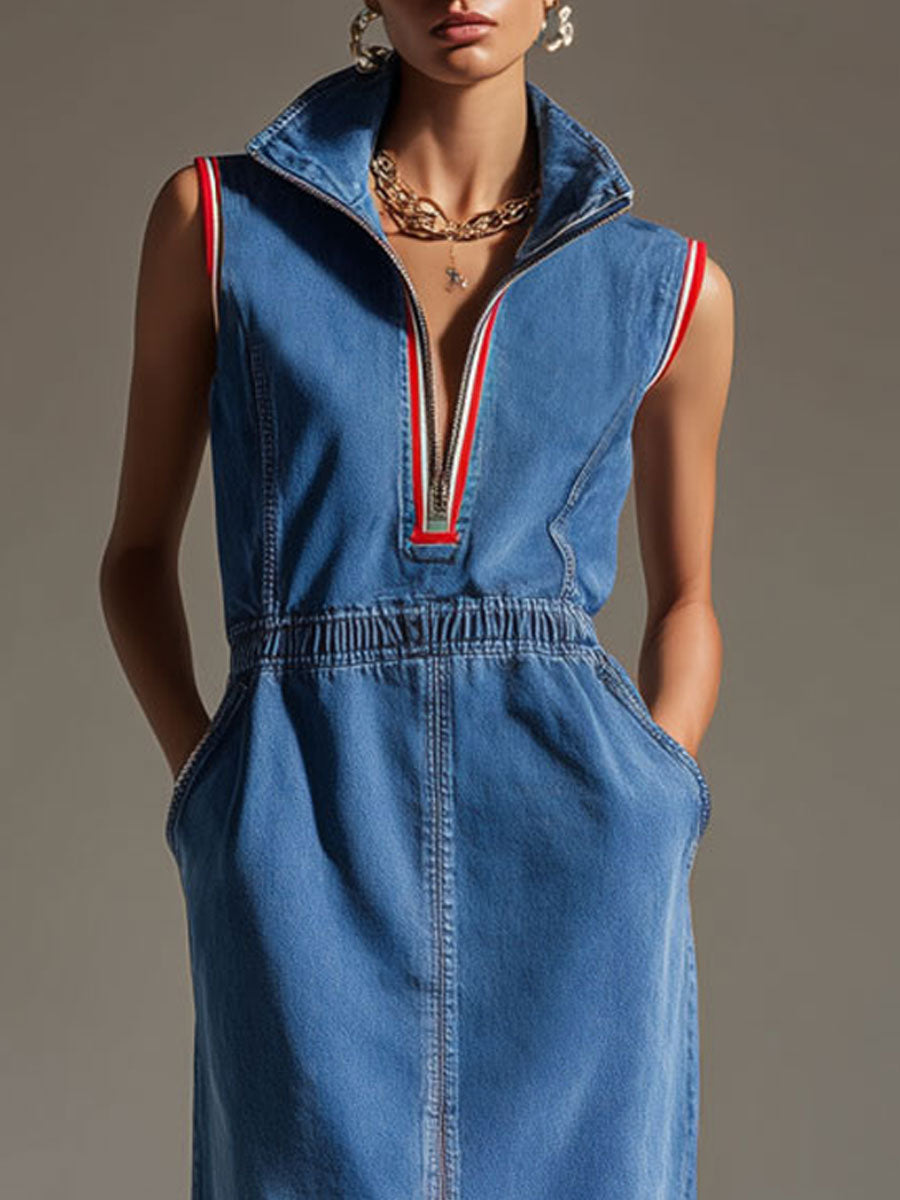 Casual Retro Blue Denim Sleeveless Half-zip Slit Midi Dress