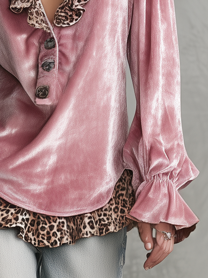 Retro V-neck Leopard Print Ruffled Hem Velvet Shirt