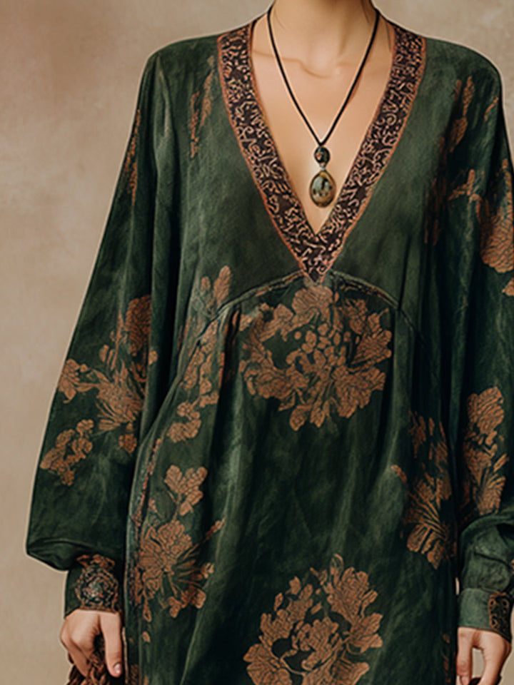 Retro Silhouette Printed Green Faux Suede Tassel Maxi Dress