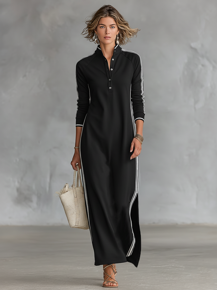 Women's Minimalist White-trimmed Button-down Collar Sweatshirt Dress Maxi Dress MDA0958L0Y