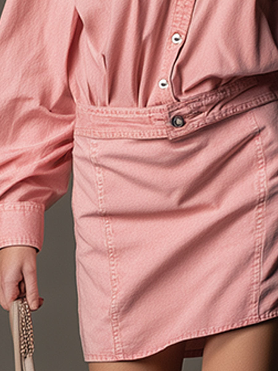 Fashionable Retro Pink Washed Denim Top And Skirt Set