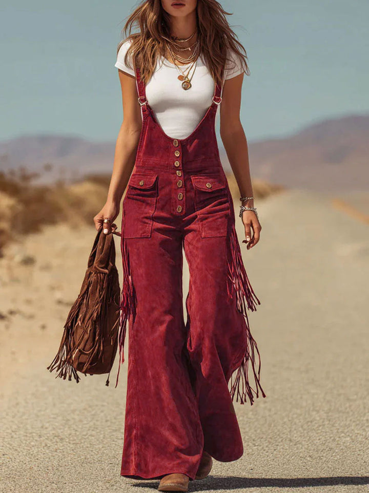 Brown Micro-suede Pocket Tassel Wide-leg Overalls