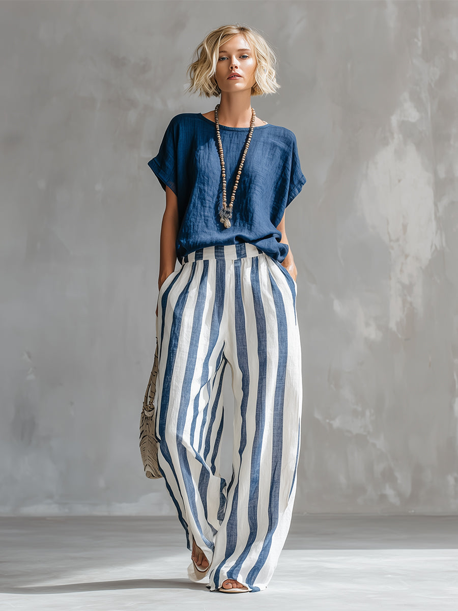 Elegant Minimalist Blue T-shirt And Striped Wide-leg Pants Cotton-linen Set