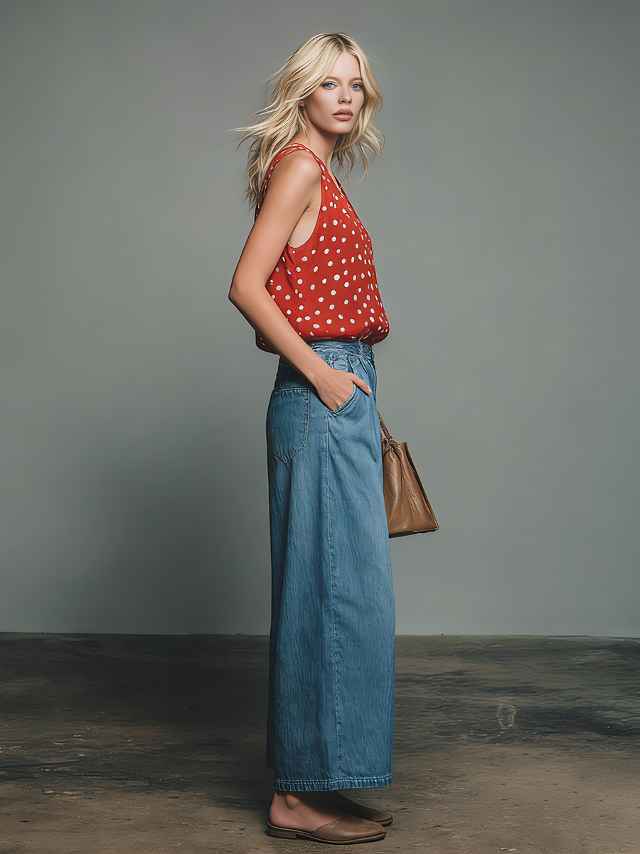 Retro-style Polka Dot V-neck Chiffon Sleeveless Top And Denim Capri Pants Set