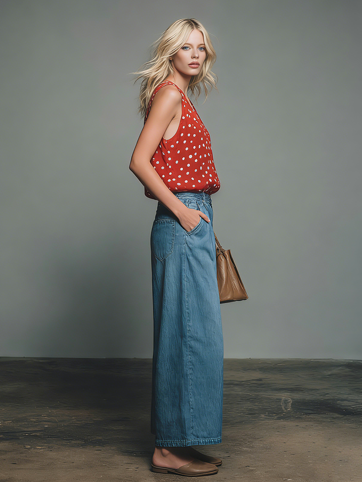 Retro-style Polka Dot V-neck Chiffon Sleeveless Top And Denim Capri Pants Set