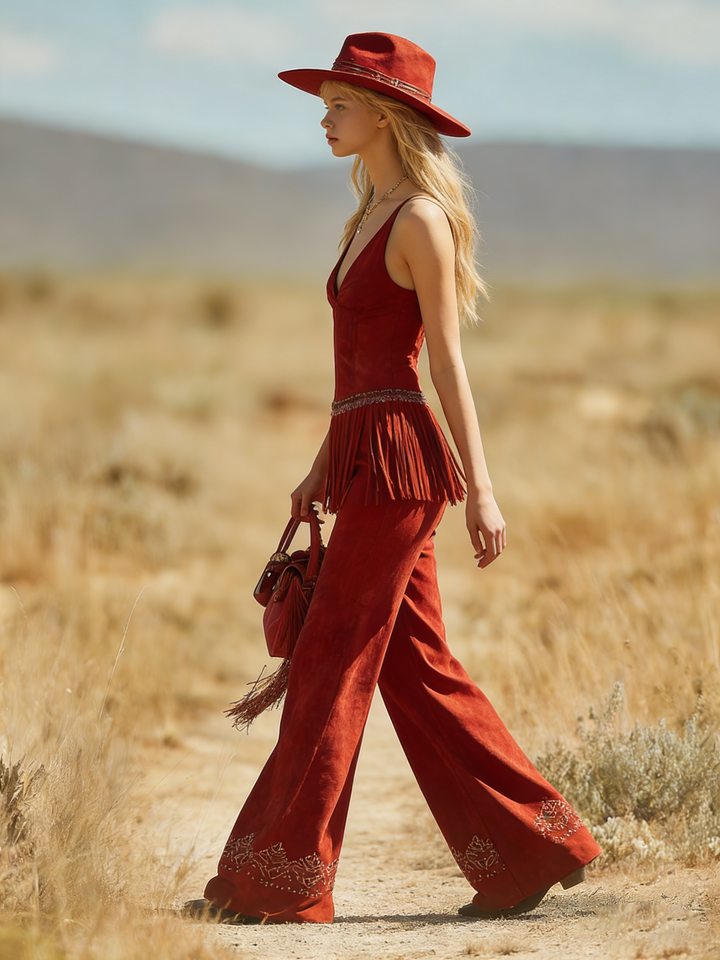 Modern And Stylish Sleeveless V-neck Fringed Top And Flared Embroidered Trousers Set