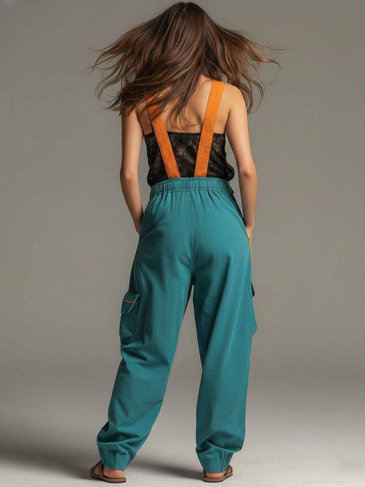 Casual Retro Orange And Lake Blue Cotton Overalls
