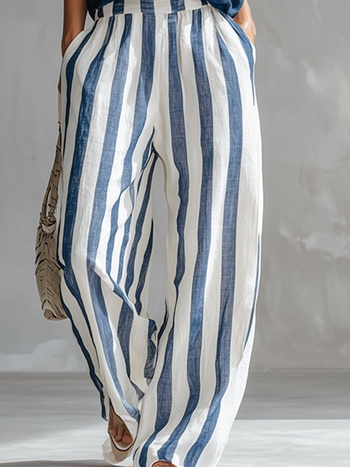 Elegant Minimalist Blue T-shirt And Striped Wide-leg Pants Cotton-linen Set
