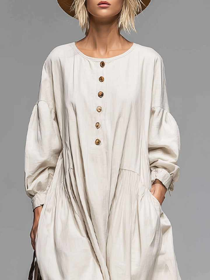 Loose Round-neck Button-front Double-pocket Cotton Long-sleeved Midi Dress
