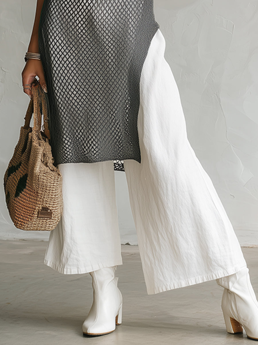 Urban Gray Openwork Knit Slit Long Top And White Cotton Linen Pants Set